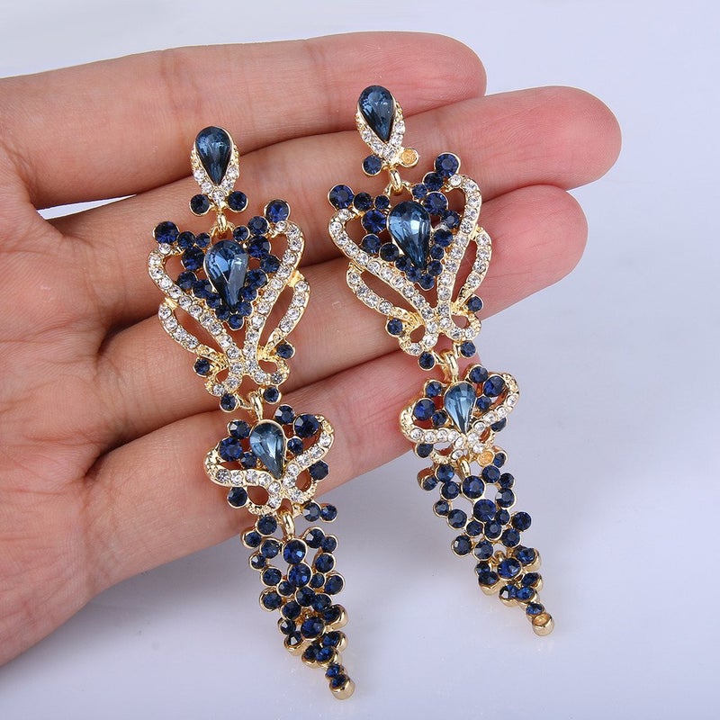 EVER FAITH Women's Austrian Crystal Gastby Inspired Floral Knot Dangle Earrings Navy Blue Gold-Tone - Image 4